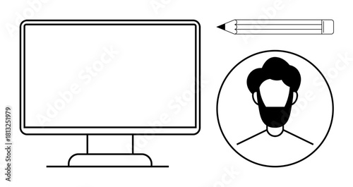 Computer monitor, pencil, and user profile in minimalist style. Ideal for technology, workspace, profile management, creativity, collaboration remote work online identity. Simple flat metaphor