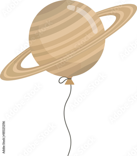 A stylized, ringed planet (Saturn) designed as a floating balloon on a string. Fun, whimsical vector for space celebration, astronomy, parties, cosmic concepts, light travel, or planetary science.