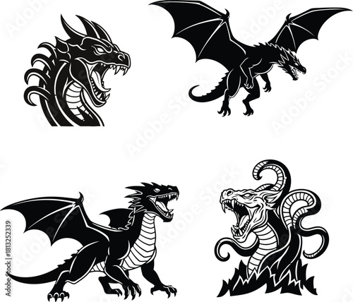 Minimalist solid black silhouettes of dragonling, wyvern, hydra, and chimera for vector design use