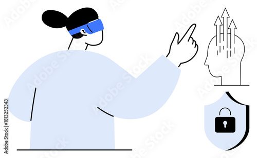 Technology concept. Woman using AR glasses linking technology with innovation and cybersecurity. Technology merging virtual reality with creative thinking and secure data solutions. For tech