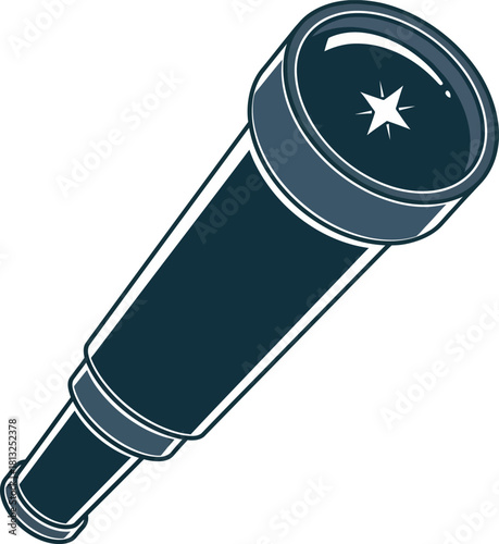 A stylized, modern telescope with a star visible in the lens. Excellent vector for astronomy, space exploration, scientific discovery, learning, cosmic research, future vision, or observation themes. 