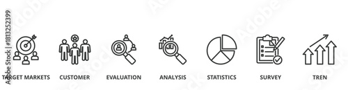 Market research banner vector Illustration concept with icon of target markets, customer, evaluation, analysis, statistics, survey and trend