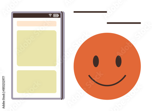 Minimal smartphone interface with rectangular sections next to a large smiling face in orange circle. Ideal for design, communication, positivity, digital interaction, feedback, user experience