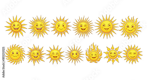 a cheerful cartoon suns collection featuring diverse happy facial expressions ideal for summer designs kids content and positive energy.