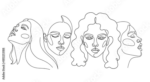 minimalist continuous line art drawing of diverse womens faces a black and white illustration depicting femininity unity and empowered beauty.