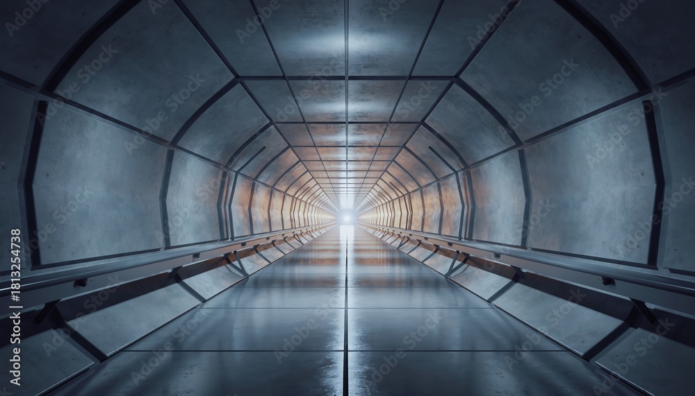 Fototapeta premium Futuristic metallic tunnel with light at the end.
