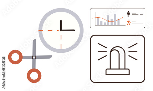Scissors cutting a clock, performance data chart with graphs and figures, and an alarm light icon. Ideal for time optimization, urgency, productivity, scheduling, planning, analytics conceptual