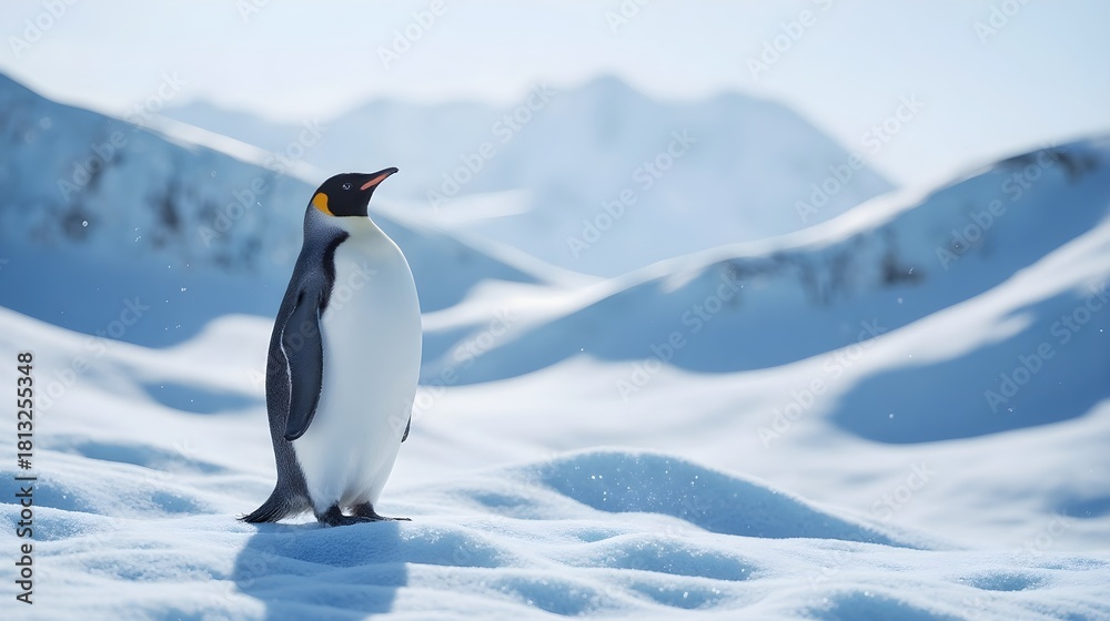 Fototapeta premium Penguin Looking Up Amid Falling Snowflakes