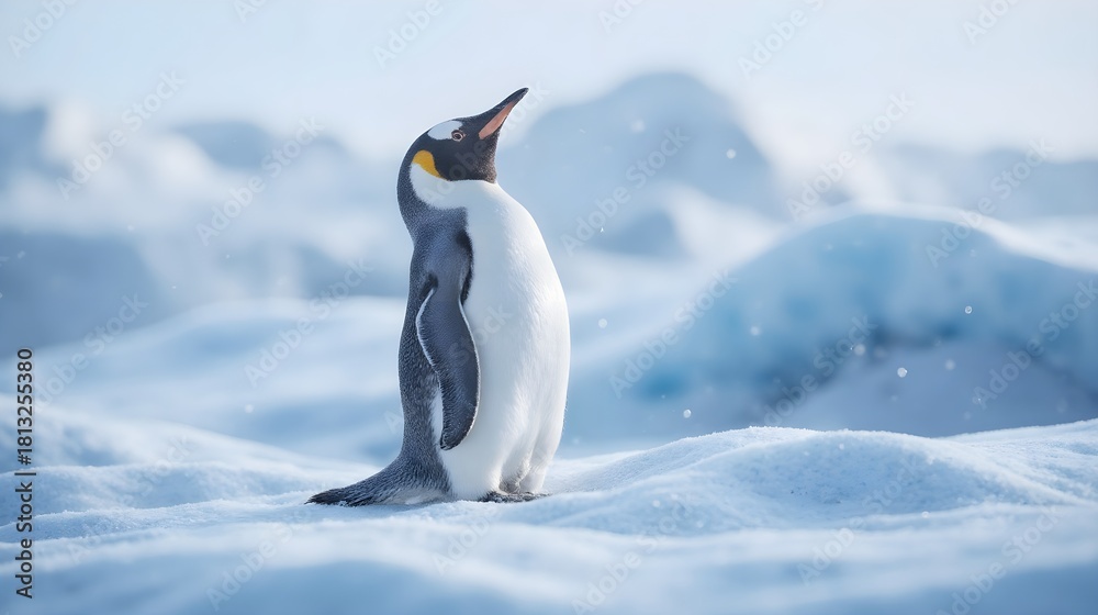 Fototapeta premium Penguin Looking Up Amid Falling Snowflakes
