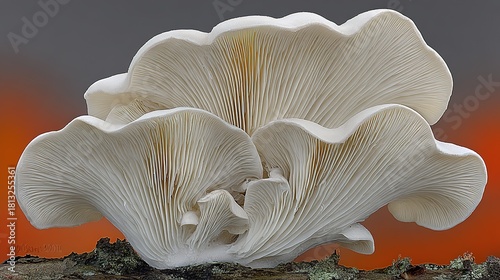 Outdoor fungi educational shot: three thin white mushrooms on rotting wood, low-angle large aperture, forest light, ideal for nature magazine, field guide, lecture slide