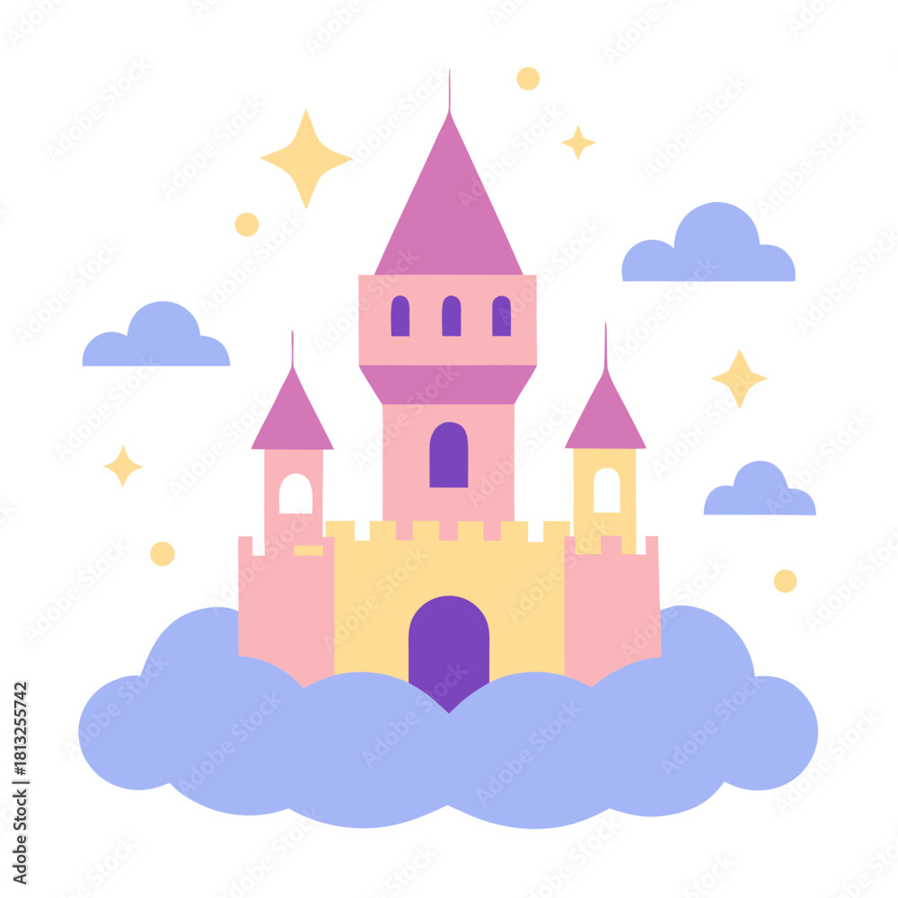 Fototapeta premium Dreamy Cartoon Castle Floating in Clouds 