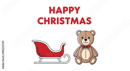 Teddy bear sitting beside red Santa sleigh with "Happy Christmas" text