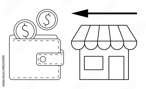 Money transfer concept. Wallet with coins and an arrow directed at a store money transfer. Money transfer for transactions, e-commerce, financial services, banking, and retail