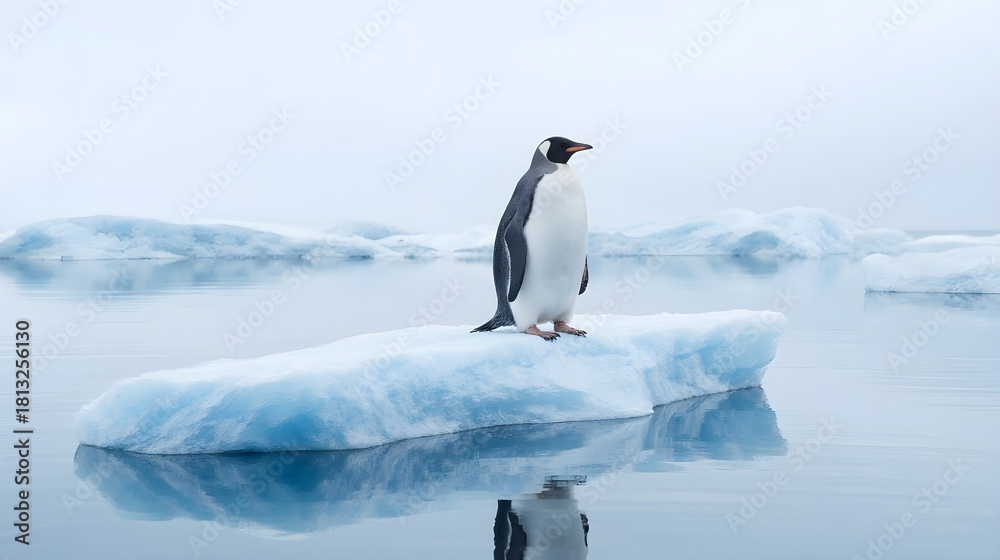 Fototapeta premium Penguin On Ice Ridge With Ocean Waves
