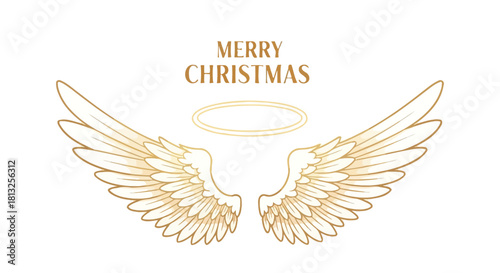 Golden angel wings with halo and Merry Christmas text
