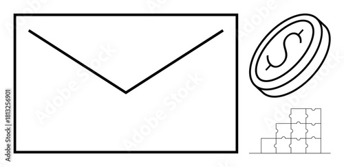 Business communication. Envelope for messaging and professional interaction, coin with dollar symbol finance, and puzzle pieces problem-solving. Perfect for corporate projects, financial tips