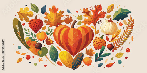 Heart-Shaped Autumn Wreath with Colorful Fall Leaves, Pumpkins, and Gourds