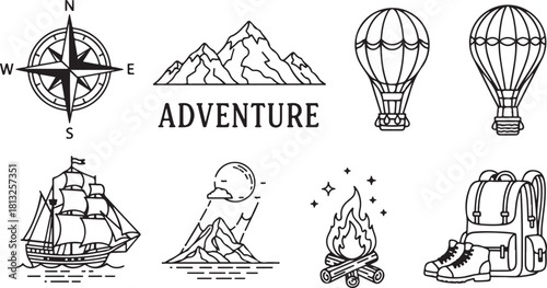Adventure Travel Icon Set – Camping, Hiking, Exploration Symbols
Outdoor Exploration Line Icons – Mountains, Ships, Maps & More
Travel and Adventure Outline Icons Pack for Outdoor Activities