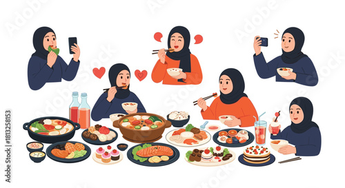 A happy Muslim woman in a hijab enjoying a large feast of various foods taking photos and expressing her delight.