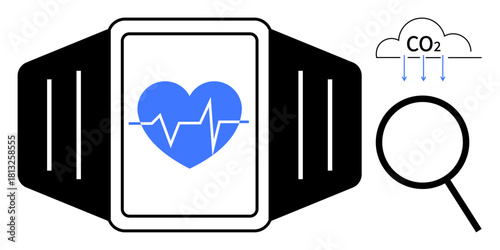 Fitness tracker displaying heart rate monitoring and analyzing CO2 levels under magnifying glass. Ideal for fitness, health, monitoring, technology, wellness, data analysis, simple flat metaphor