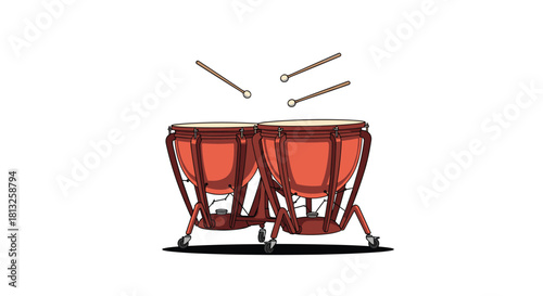 A cartoon illustration of a pair of timpani or kettledrums with mallets ready to play for an orchestral music concept.