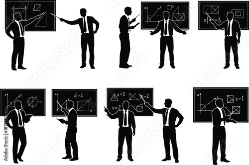Set of Male Teacher Silhouettes in Business Attire Presenting Mathematics and Geometry Lessons on Blackboards, Representing Education, Professor, Training, and Coaching Vector