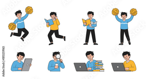 A collection of a young male student character engaged in various activities like studying cheering and using a laptop.