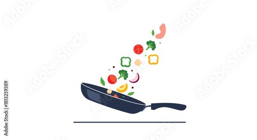 A flat design vector illustration of fresh vegetables and ingredients being tossed in a frying pan for healthy cooking.