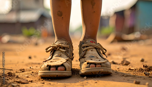 Fototapeta Naklejka Na Ścianę i Meble -  Child’s shoes worn out and patched, feet visible through openings, standing on dusty