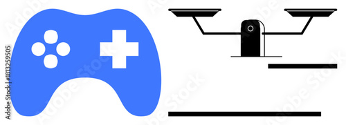 Blue game controller next to a balanced scale symbolizes gaming, control, decision-making, equality, entertainment, fairness, and balance. Ideal for gaming, law neutrality equality decisions