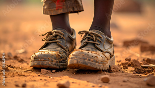 Fototapeta Naklejka Na Ścianę i Meble -  Child’s shoes worn out and patched, feet visible through openings, standing on dusty