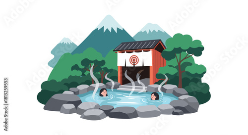 Two women relaxing in a traditional Japanese onsen or hot spring surrounded by a beautiful mountain and forest landscape.