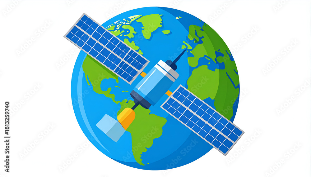 Fototapeta premium Flat vector illustration of a satellite orbiting Earth with simple shapes and bright