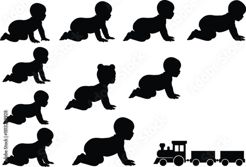 Collection of Black Baby Silhouettes Crawling in Various Poses Next to a Toy Train, Representing Childhood, Infancy, Development Milestones, and Playtime Vector Set