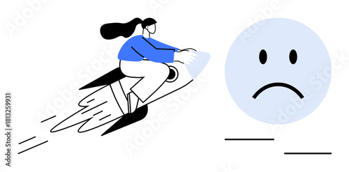 Progress concept. A woman riding a rocket ambition and speed while encountering a sad face challenges. Progress in innovation, overcoming obstacles, personal growth, career, or business development