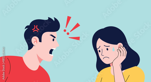 An angry man shouting and yelling at a sad crying woman representing domestic abuse conflict or a toxic relationship.