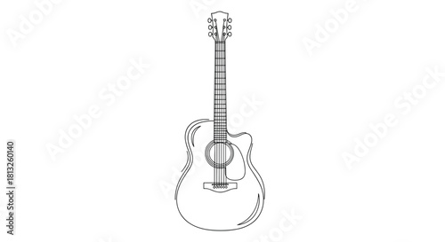 A minimalist single continuous line drawing of an acoustic guitar for a simple and elegant music-themed design concept.