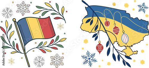 Ukrainian and Romanian flags decoration: festive vector design elements to illustrate the spirit of unity and celebration, featuring intricate details and a warm, inviting style.