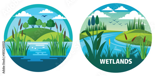 Wetland Illustration in Circular Designs: Artistic illustration of Wetlands in Circular composition for ecological and environmental awareness