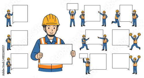 Collection of a male construction worker in different poses holding blank signs and pointing for various announcements or messages.