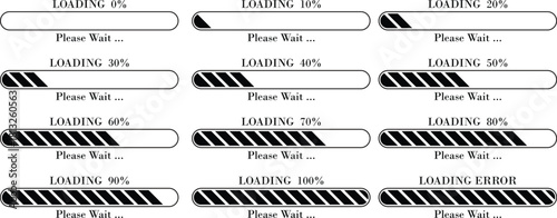 Loading Bar Please Wait Progress Icon set. loading bar progress Download progress status. Vector illustration.Collection loading status bar in different design. Web design elements for app.