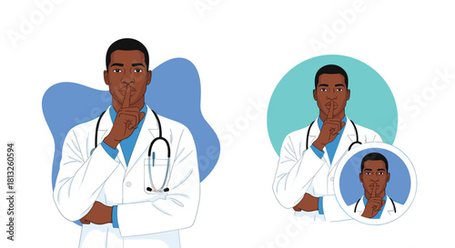 Black male doctor gesturing for silence with a finger on his lips representing medical privacy confidentiality or quiet in a hospital.
