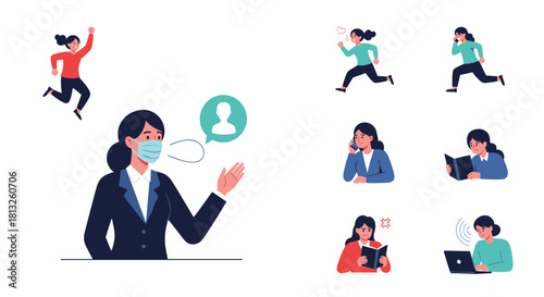 Set of a businesswoman character in various poses and activities like running reading working on a laptop and wearing a mask.