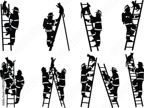 Black Silhouettes of Firefighters Climbing Various Ladders to Rescue Cats from Heights, Illustrating Emergency Services, Animal Welfare, Heroism, and Community Aid Vector Set