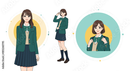 A beautiful Japanese or Korean high school girl in a green school uniform shown in full body poses and as a portrait icon.