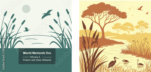World Wetlands Day: A serene artistic depiction showcases the beauty of wetlands, featuring silhouettes of birds, reeds, water, and trees.