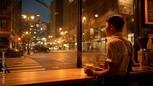 Night Reflections - Man Gazing at City Lights from Cozy Cafe Window.