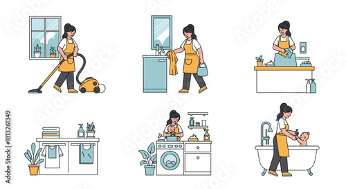 A collection of illustrations showing a woman doing various household chores like cleaning laundry and bathing a baby at home.