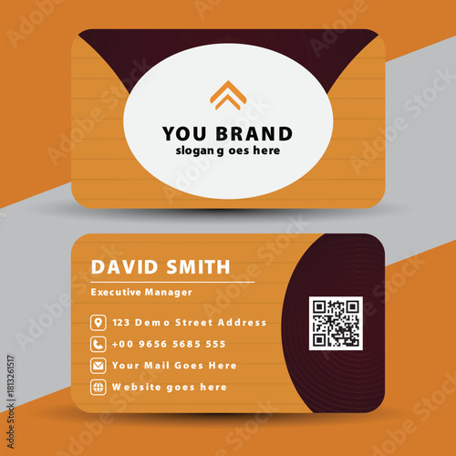 Modern and professional business card design with company logo and contact details on a warm orange background