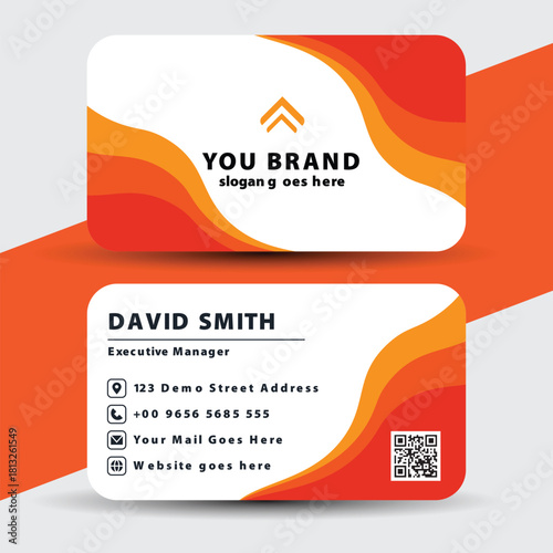 Modern orange and white business card design with abstract waves and qr code for professional networking